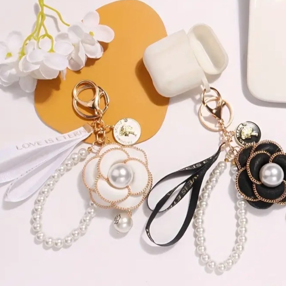 Black or White, Camelia & Faux Pearls, Bag Charm or Keychain with Gorg. Accents